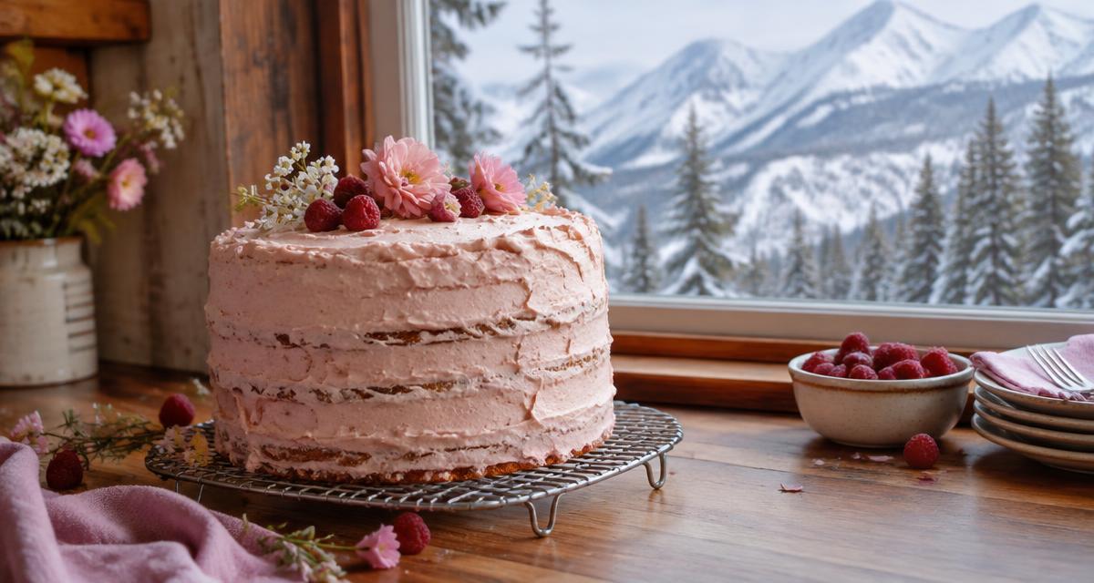 Pink buttercream layer cake on a cooling rack by a window with snowy mountains