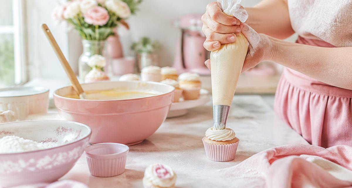 Hands piping vanilla buttercream onto a cupcake in a pink kitchen