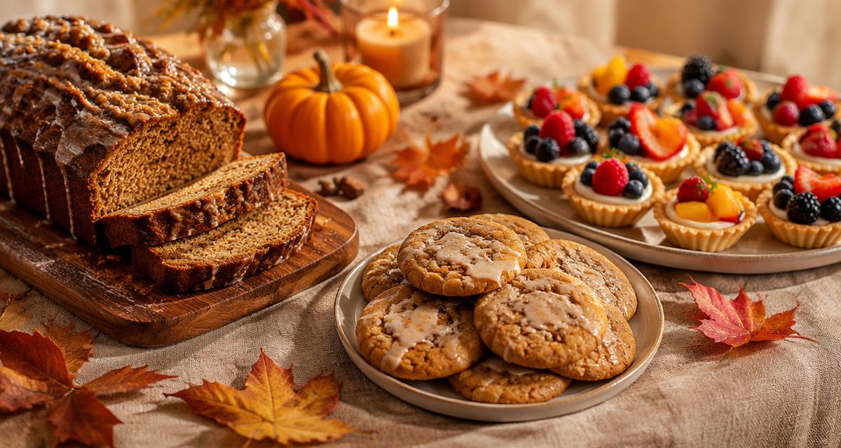 Pumpkin loaf, cookies and fruit tarts on a table with autumn leaves