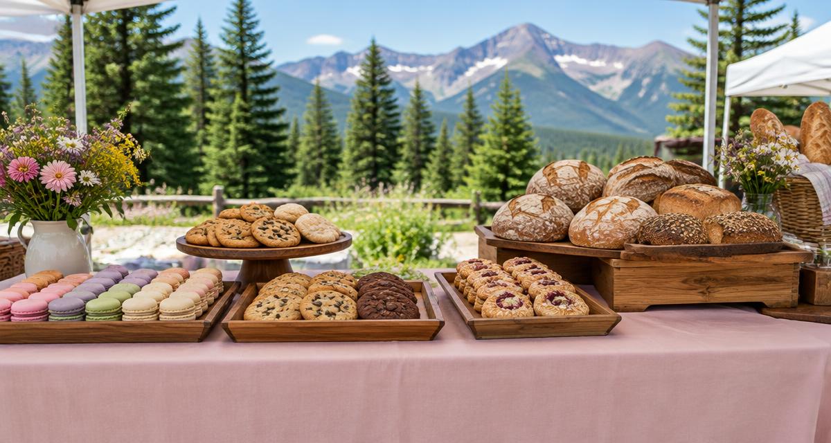 Bakery table with macarons, cookies and loaves at an outdoor market with mountains behind