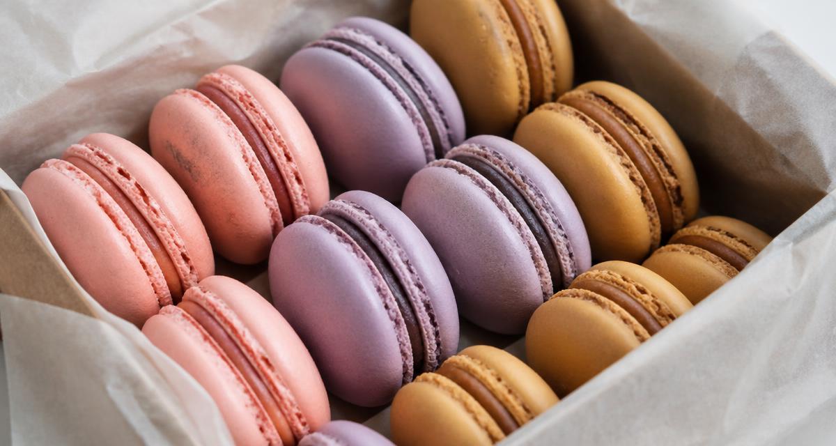 Pink, lavender and caramel macarons in a parchment-lined box