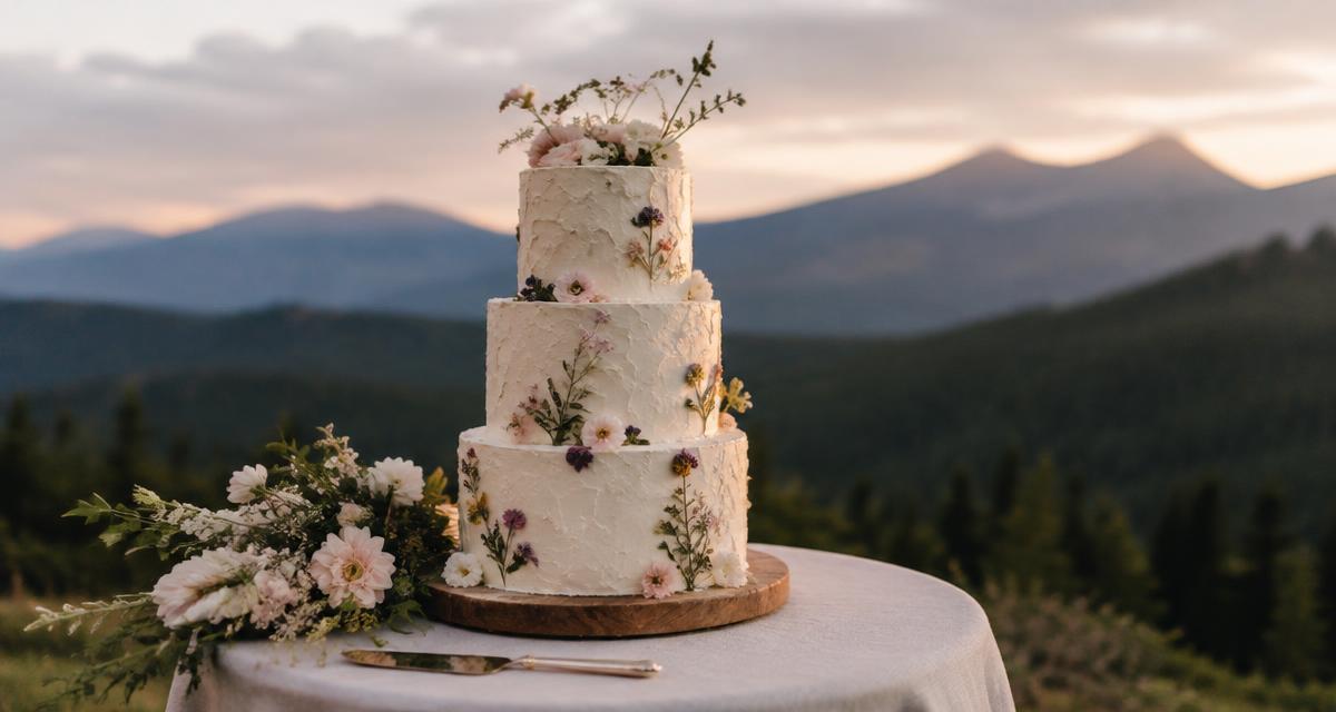 Three-tier textured buttercream wedding cake with pressed wildflowers at a mountain sunset
